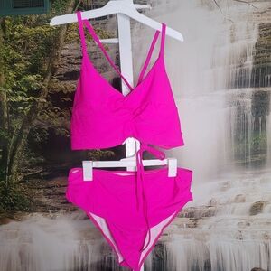 NWT! Zaful Womens 2XL classic hot pink two piece lace up bikini swim suit
